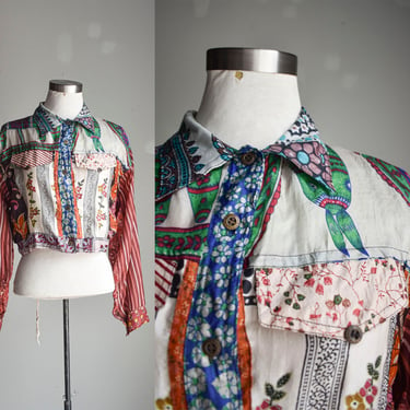 Vintage Silk Indian Print Blouse / 70s 80s Womens Blouse / Vintage Cropped Blouse / Indian Print Silk Blouse Small 