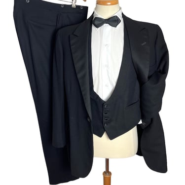 Vintage 1920s/1930s 3pc Wool TUXEDO ~ size 38 ~ Peaked Lapel Suit / Tux ~ Button-Fly Pants ~ Vest / Waistcoat ~ Custom Tailored 