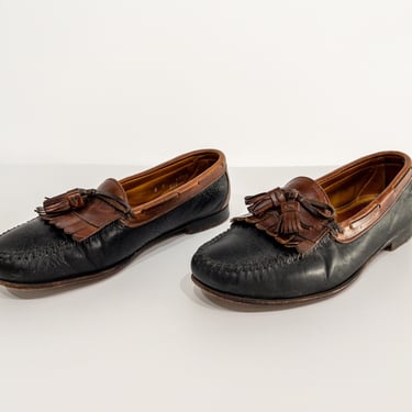 vintage 1980s color block tassel FRINGE leather loafers slip on PENNY loafer style men's shoes -- Men's Size 8 