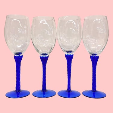 Vintage Wine Glasses Retro 1990s Contemporary + Cobalt Blue + Twisted Stems + Clear Glass Top + Set of 4 + Barware + Bar + Drinking Alcohol 