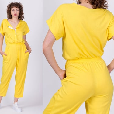 80s Niki-Lu Yellow Jumpsuit - Medium | Vintage Snap Up Slouchy Loungewear Outfit 