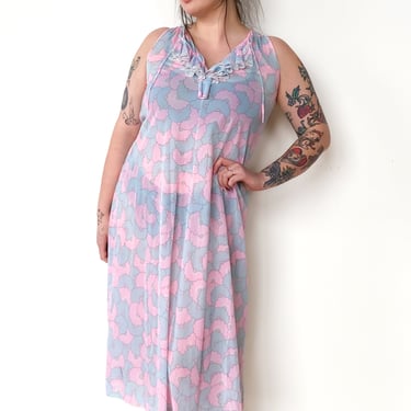 1960s Pink & Blue Sheer Maxi Slip Dress, sz. L-1XL