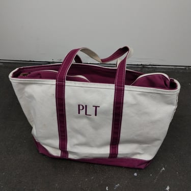 90s Vintage LL Bean PLT Maroon Accent Shoulder Canvas Boat n Tote Bag 