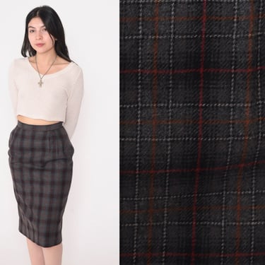 Plaid Pencil Skirt 80s Knee Length Midi Skirt Checkered High Waisted Preppy Wiggle Secretary Grey Black Red Vintage 1980s Extra Small xs 24 