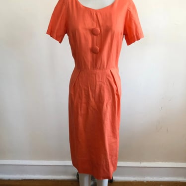 Short-Sleeved Orange Cotton Dress with Oversized Buttons - 1960s 