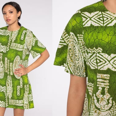 70s Hawaiian Dress Green Tropical Mini Shift Dress Retro Boho Hippie Geometric Print Short Sleeve Bohemian Beach Vintage 1970s Cotton Medium 