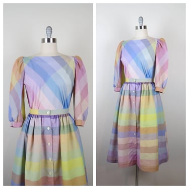 Vintage 1980s set skirt and top puff sleeve pastel rainbow plaid cotton button front 