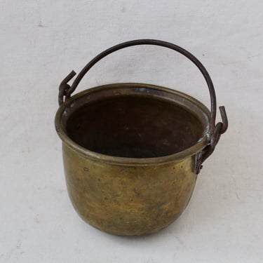 Vintage English Style  Hand Crafted Brass Bucket Planter Wrought Iron Handle 