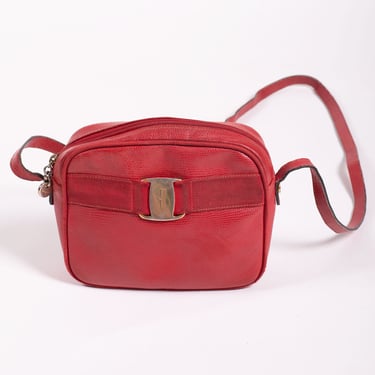 Vintage Salvatore Ferragamo Vara Bow Crossbody in Red Embossed Leather with Gold Hardware AS IS Minimal 90s 