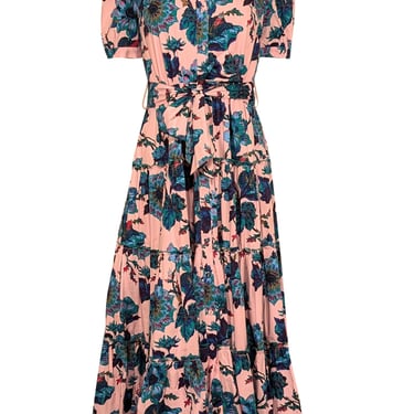 Diane von Furstenberg - Pink w/ Teal & Blue Floral Print Cotton Midi Dress Sz M