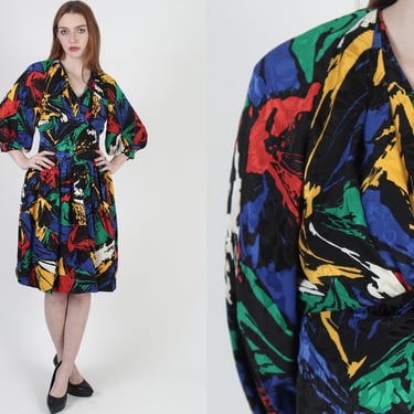 1980s Colorful Rainbow Floral Silk Secretary Dress With Pockets 