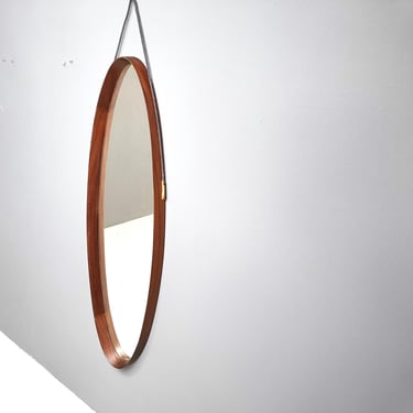 Mid century italian mirror, 1960s - oval teak wood mirror - vintage round wooden mirror - 1960s wall mirror 