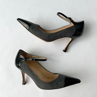 Manolo Blahnik Grey Patent Ankle Strap Pumps