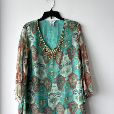Vintage SLB Blouse Silk Green Printed Beaded Bell Sleeve Women 1X Art Boho Fairy 