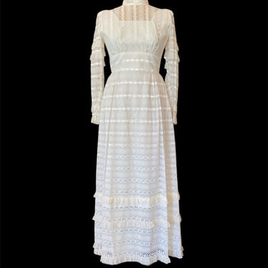 1970s maxi dress, white lace, vintage 70s dress, mock neck, victorian style, gunne sax style, small medium, long sleeve, cottagecore, 28 