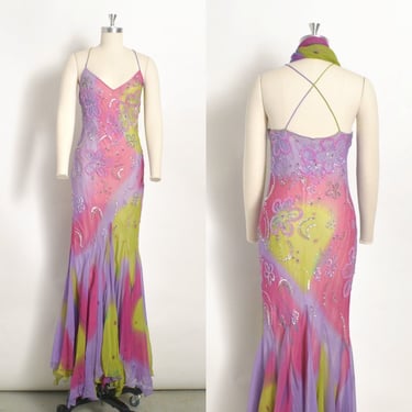 Vintage 2000s Dress / Y2K Diane Freis Beaded Floral Tie Dye Gown / Purple Pink Green ( M L ) 