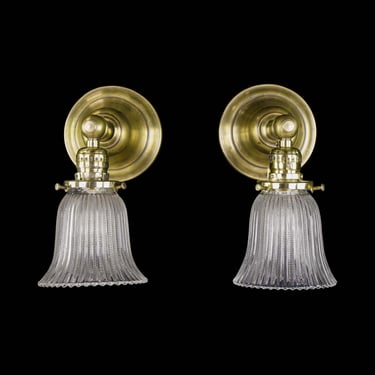 Pair of Restored Brushed Brass Ruffled Holophane Glass Wall Sconces