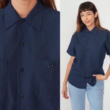 Navy Blue Shirt 80s Button Up Shirt Collared Basic Retro Short Sleeve Minimal Preppy Plain Chest Pocket Top Vintage 1980s Mens Small 14 1/2 