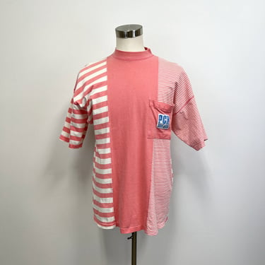 Vintage 80s Mens Striped T Shirt | Sunwashed Coral and White | Size Medium 