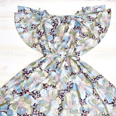 Vintage 70s Floral Dress, 1970s Flutter Sleeve Dress, Butterfly Sleeve, Ruffle, A Line, Flower Print, Sundress, Summer 