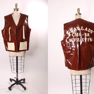 1970s 1980s Burgundy and White Vinyl Novelty Veterans Motorcycle Club Womens Western Style Gray Lady Vest 