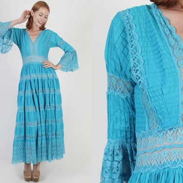 Turquoise Mexican Wedding Pintuck Maxi Dress, South American Crochet Lace Gown, Vintage Ethnic Angel Bell Sleeves 
