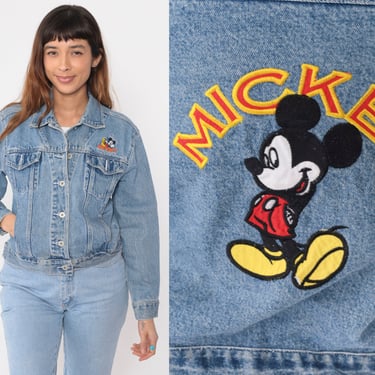 Disney Denim Jacket 90s Mickey Mouse Jacket Vintage Mickey Unlimited Jean Jacket Biker Button Up Stone Wash 1990s Small S 