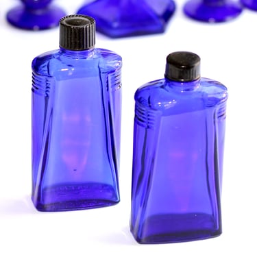 1940s Cobalt Blue Glass Medicine Bottles - Matching Set of Two Art Deco Screw Top 
