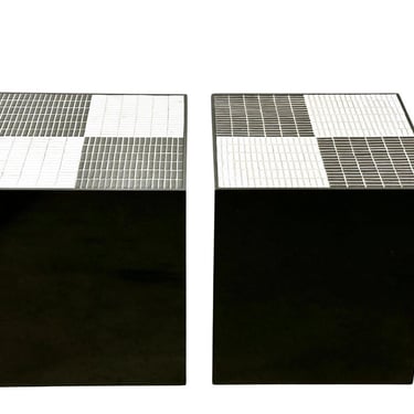 Pair Custom Artist Made Post Modern Black & White Lucite Mosaic Tile Cube Side Tables 1970s 