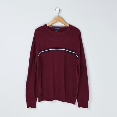 Vintage 90s Dark Red Striped Sweater - nineties, magenta, pullover, crew neck - Men's XXL 