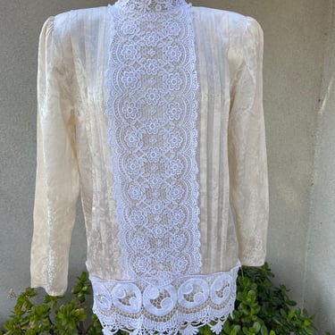 Vintage romantic top tunic cream satin white lace Jessica McClintock sz Medium 