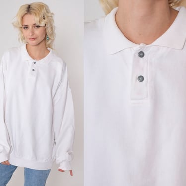 90s White Polo Sweatshirt Collared Sweatshirt Retro Plain Pullover Sweater Slouchy Basic Plain Solid White Vintage 1990s Plus Size 2xl xxl 