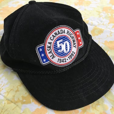 Vintage 90s Black Corduroy Alaska Canada Highway 1992 50 Year Anniversary Snapback Hat Cap 
