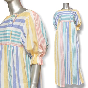 Vintage Muumuu Dress with Puffy Shoulders Pastel Pink Blue Striped Summer Sun Dress NOS 