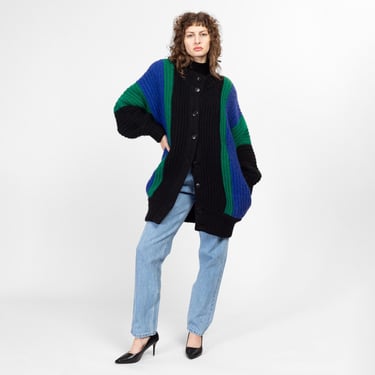 Small 80s Oversize Color Block Batwing Cardigan Sweater | Vintage IB Diffusion Mockneck Wool Mohair Knit Button Up Long Sweater 