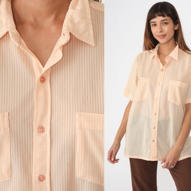 Peach Striped Shirt 80s Semi-Sheer Button Up Shirt Vintage Short Sleeve Chest Pocket 1980s Plain Haband Men's Medium 