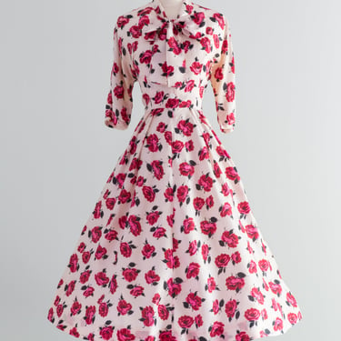 1950's Silk Rose Print Dress with Bow Front and Full Skirt / Medium