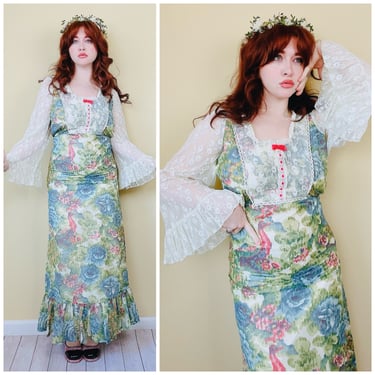 1970s Vintage Toni Todd Bird Print Maxi Dress / 70s / Seventies Lace Angel Sleeve Cotton Blend Prairie Dress / Size Small - Medium 