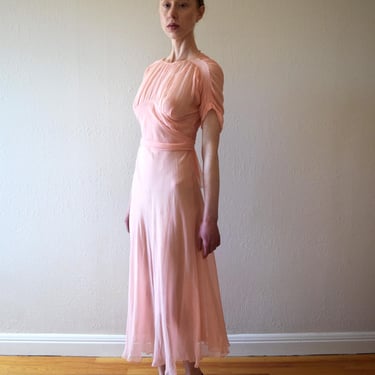 1930s pink silk chiffon dress . vintage gown . size xs to small 
