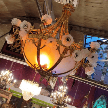 Antique French Belle Époque Louis XIV Ornate Solid Brass Etched Frosted Glass Panel Bowl Chandelier with 24 Frosted Satin Glass Rose Petal Light Shades Chandelier