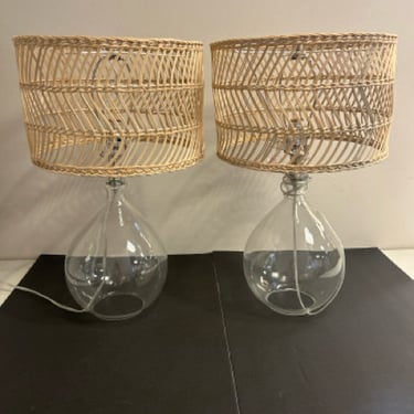Pair of Glass Lamps with Rattan Shades