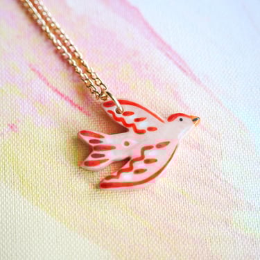 Folk Art Bird in Flight Ceramic Charm Necklace, Hand Painted Necklace, Pink Boho Jewelry,  Gold Chain, Pink Boho Jewelry, Lucky Bird Charm 