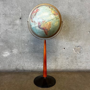 Vintage Mid Century Modern Globe On Wood Stand By Replogle, World Nation Series