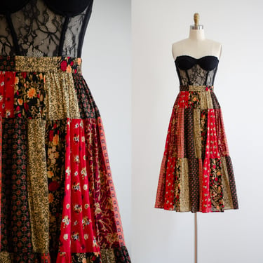 patchwork midi skirt 90s y2k vintage red black floral boho peasant skirt 