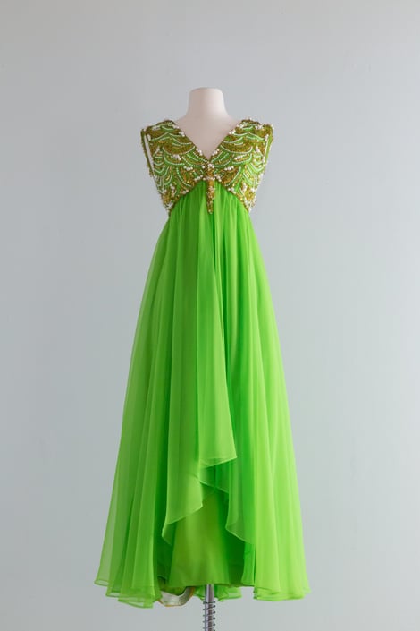 Stunning 1960's Lime Chiffon Evening Gown With Pearl Bodice / SM