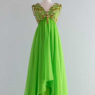 Stunning 1960's Lime Chiffon Evening Gown With Pearl Bodice / SM