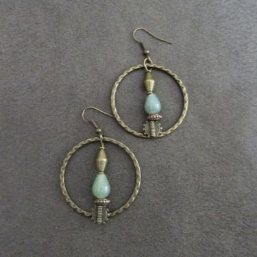 Green jadeite boho chic earrings, bronze hoop 
