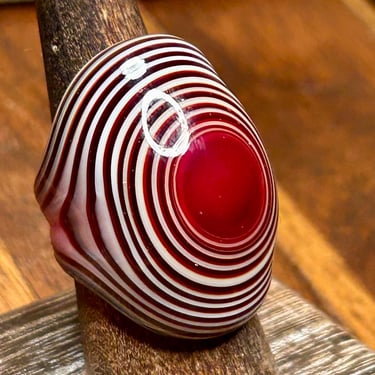 Vintage Art Glass Ring Chunky Red White Swirl Design Retro Handmade Blown Glass 