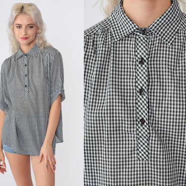 Gingham Blouse 70s Shirt Black White Half Button Up Top Collared Cuffed Roll Tab Sleeve Retro Checkered Print Summer Vintage 1970s Large L 