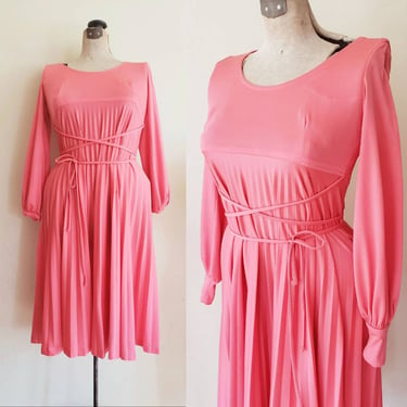 1970s Pink Dress Long Sleeves Pleated Skirt / Jonathan Logan / 70s Scoop Neck Poly Stretch Day Dress  / Medium 